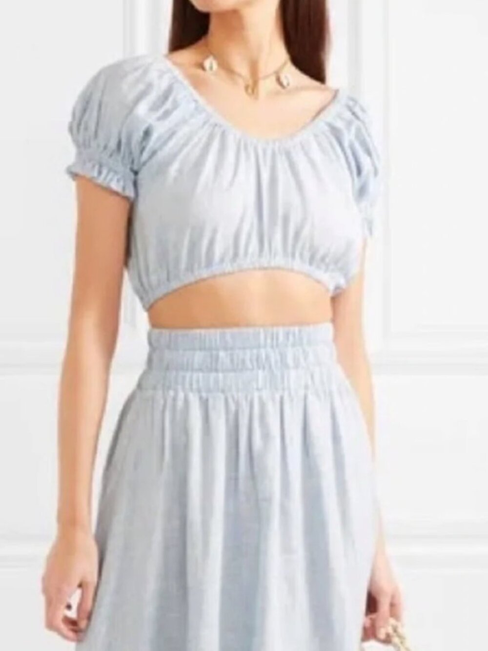 Mara Hoffman Lulu Crop Top NWT Medium Blue White Stripe Hemp Off Shoulder